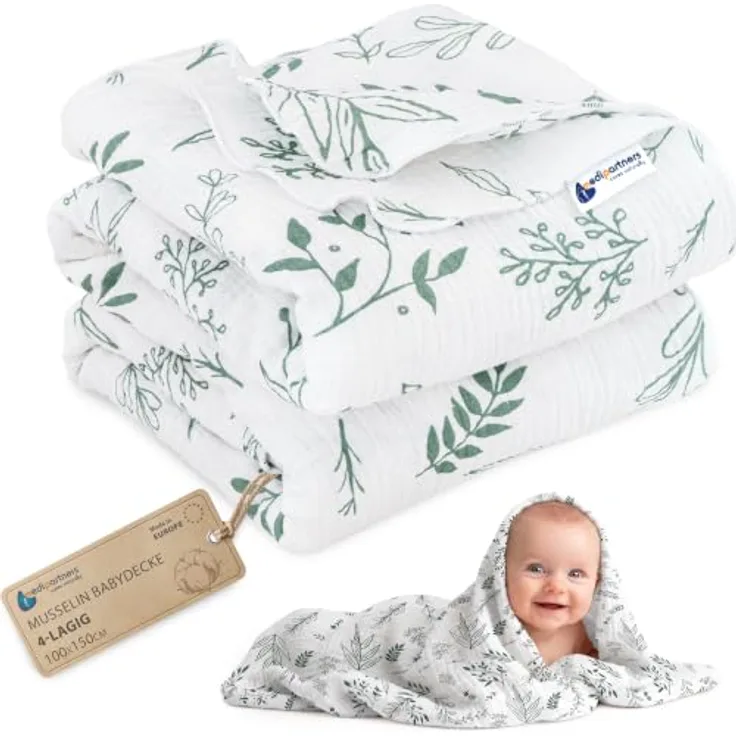 Medi Partners Musselin Babydecke 100x150cm Baby Decke Musselindecke Neugeborenen - dünne dünne Kuscheldecke Sommer Babydecken für Kleinkinder Krabbeldecke Kinderbett Kinderwagen (Olivenblatt)