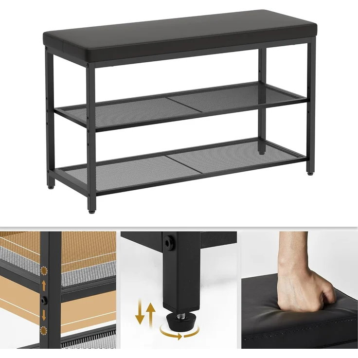 Mondeer Schuhbank Schuhregal (3-stufiges), Gepolsterte Bank mit Kissen und Netzregalen, 80 x 50 x 30 cm – Bild 5