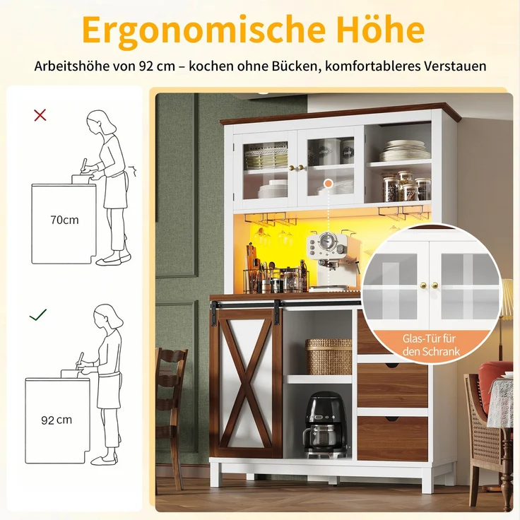 EINHOM Moderner Hochschrank mit LED Beleuchtung & App-Steuerung, Küchenschrank oder Esszimmerschrank mit Schublade, Sideboard mit Schiebetür und drei Schubladen, Weiß – Bild 6