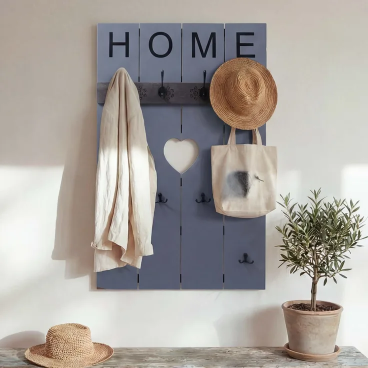 Wandgarderobe HWC-C89 Home, Garderobenpaneel Garderobe, Shabby-Look Vintage, 8 Haken 91x60cm ~ grau-blau