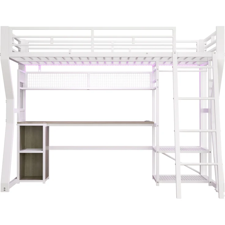 Hochbett 90x200 cm mit Eisenrahmen, LED-Lichtleiste, Steckdose, Kleideraufhängung, Schreibtisch und Staufächern, Weiß – Bild 10