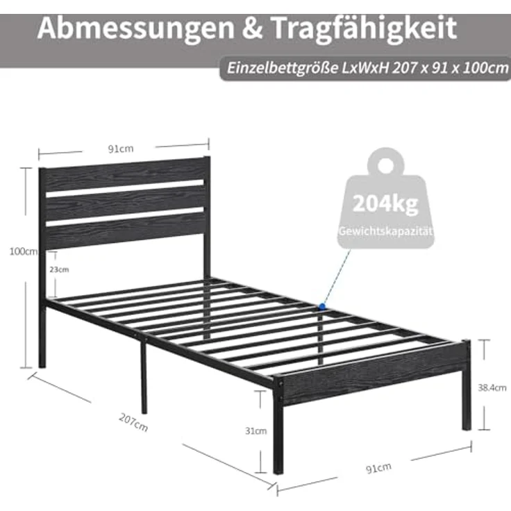 VECELO 2er-Set Bettgestelle 90x200 cm, Einzelbetten mit dickem Holzkopfteil und Metall Lattenrost, stabil und geräuschlos mit 31 cm Stauraum, Industrial Design für Schlafzimmer, Schwarz – Bild 3