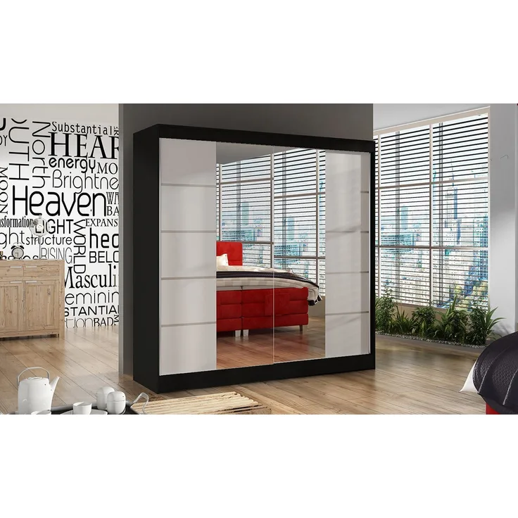 Sofnet Kleiderschrank Basti V (mit Spiegel, Schiebetüren und Kleiderstange) Schwebetürenschrank mit 2 Türen, Schiebetürenschrank - 200x215x58 cm