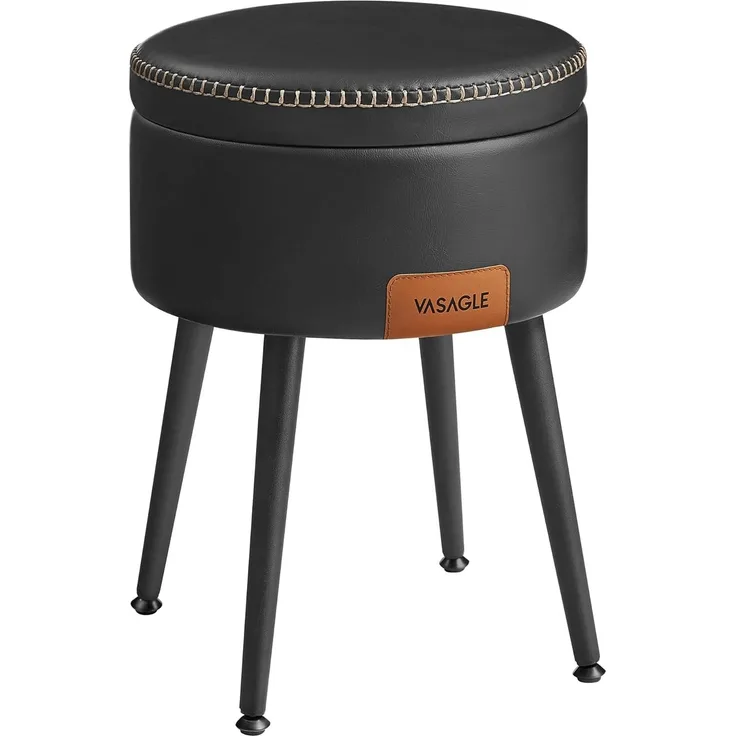 Vasagle EKHO Kollektion - Sitzhocker, Sitzbank mit Stauraum, Sitztruhe, Kunstleder, Nähte, Mid-Century-Stil, modern, rund, Stahlbeine, bis 150 kg belastbar, tintenschwarz von Songmics LOMDE005B01