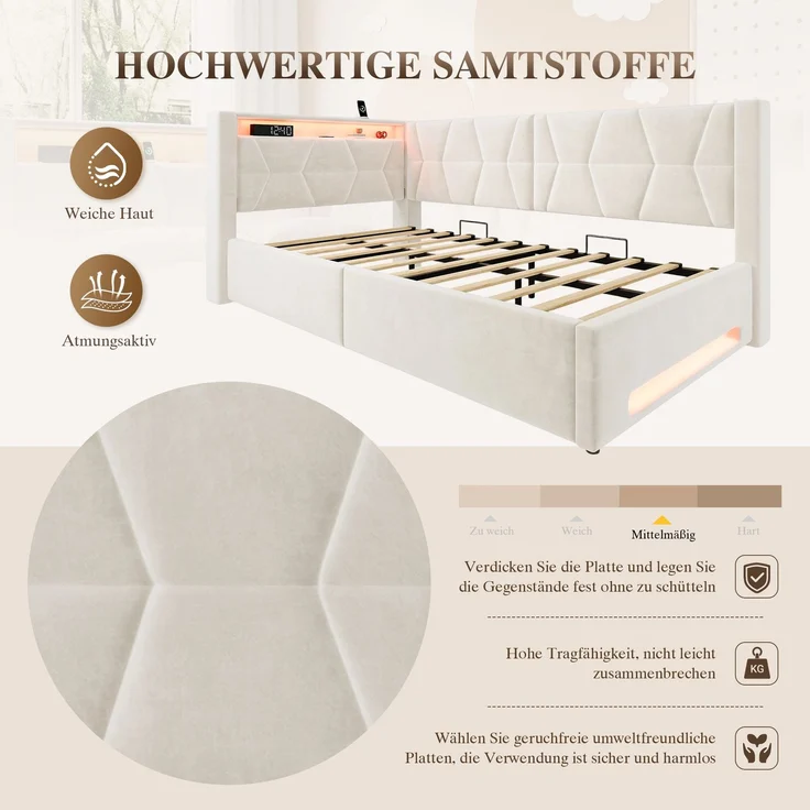 LVHOM Einzelbett 90x200 cm mit Stauraum, Polsterbett mit LED, USB und Type-C, Jugendbett, Hydraulischem Bettgestell, Samt, Beige – Bild 6