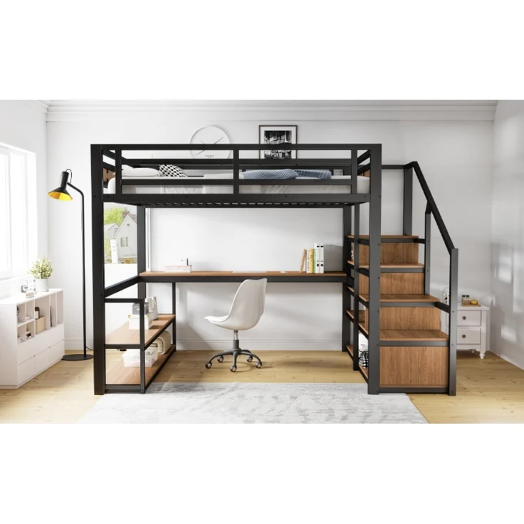 Metall-Hochbett mit Aufbewahrungsleiter,Regalen und Tisch Sicherheitszaun-Design mit gespleißten Metallplanken Hohes Eisenrahmenbett mit Metallrahmen für stabile Unterstützung,Metall,Schwarz,140 x 200 cm – Bild 5