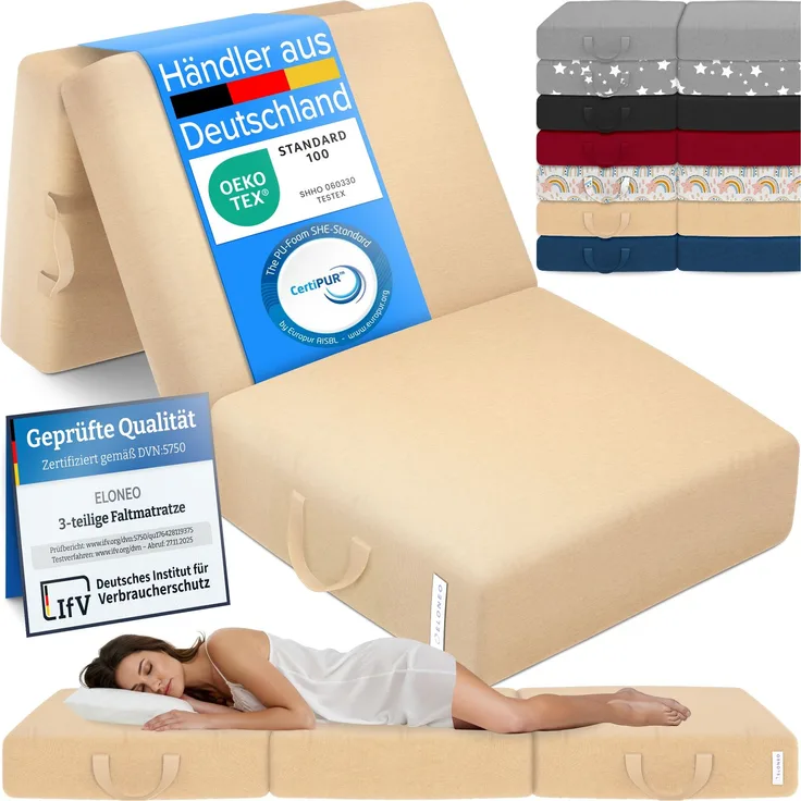 ELONEO Klappmatratze, Gästematratze, 3-teilige Faltmatratze, Schaumstoff extra dick (15cm), waschbar, Bandscheibenwürfel, klappbar, Faltbare Matratze, Erwachsene (Creme, 90 x 200 x 15 cm)