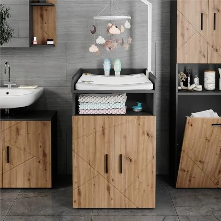 Vichy Wickelkommode Irma, Anthrazit/Goldkraft Eiche, 60 x 97 cm mit praktischem Wickelaufsatz und seitlichen Ablagefächern – Bild 1