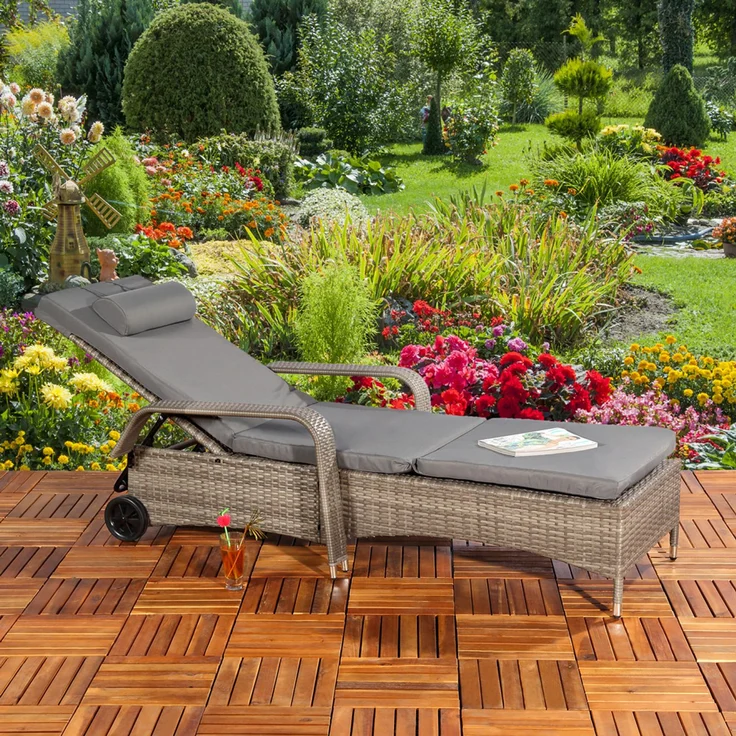 Gartenliege Sonnenliege Liegestuhl Loungeliege Polyrattan Rattan Liege Grau – Bild 2