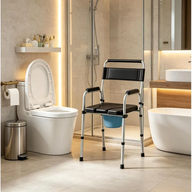 Toilettenstuhl aus Stahl und Kunststoff, klappbar und höhenverstellbar, 52,5x46x81,5–97 cm, Schwarz – Bild 3