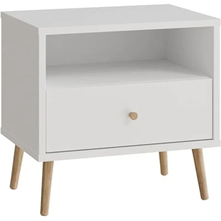 Forte HARLLSON Nachtschrank 60, Mid-Century-Modern Stil, leichte Montage Dank EasyKlix by Forte, 1 Schublade und 1 Ablage, Holzwerkstoff, Weiß, 59,8 cm breit x 57,7 cm hoch x 41,5 cm tief – Bild 1