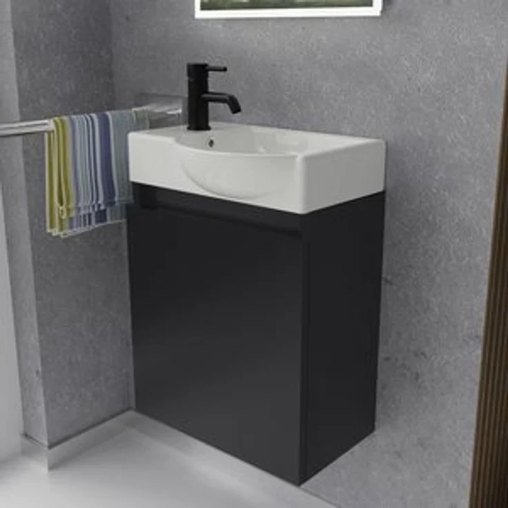 Alpenberger Badmöbel-Set Gäste WC Waschbecken mit Unterschrank - Hängeschrank Vormontiert, (Badschrank 2-tlg, Waschtisch hängend), Waschbeckenunterschrank mit Softclose - Schrank Schwarz – Bild 6