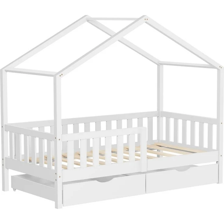 ML-DESIGN Spielbett Hausbett Kinderbett inkl. 2 Schubladen, Lattenrost und Rausfallschutz, Abenteuerbett 80x160 cm Haus Bett Himmelbett Kiefer Jugendbett Weiß – Bild 1