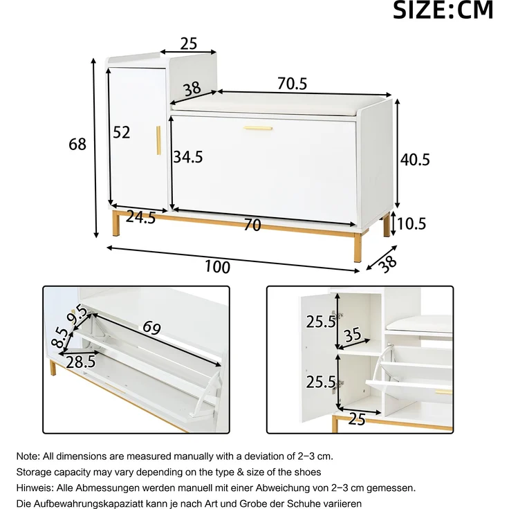 Schuhschrank mit Sitzbank Weiß/Gold, 100x38x68 cm, Hochglanz mit herunterziehbarem Schuhregal – Bild 10