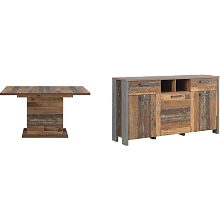 Forte Clif Esstisch ausziehbar, Holzwerkstoff, Old-Wood Vintage 160-200 x 76,6 x 90 cm & Clif Kommode mit 3 Türen und 2 Schubkästen, Dunkelgrau, 156,4 x 86,3 x 41,6 cm