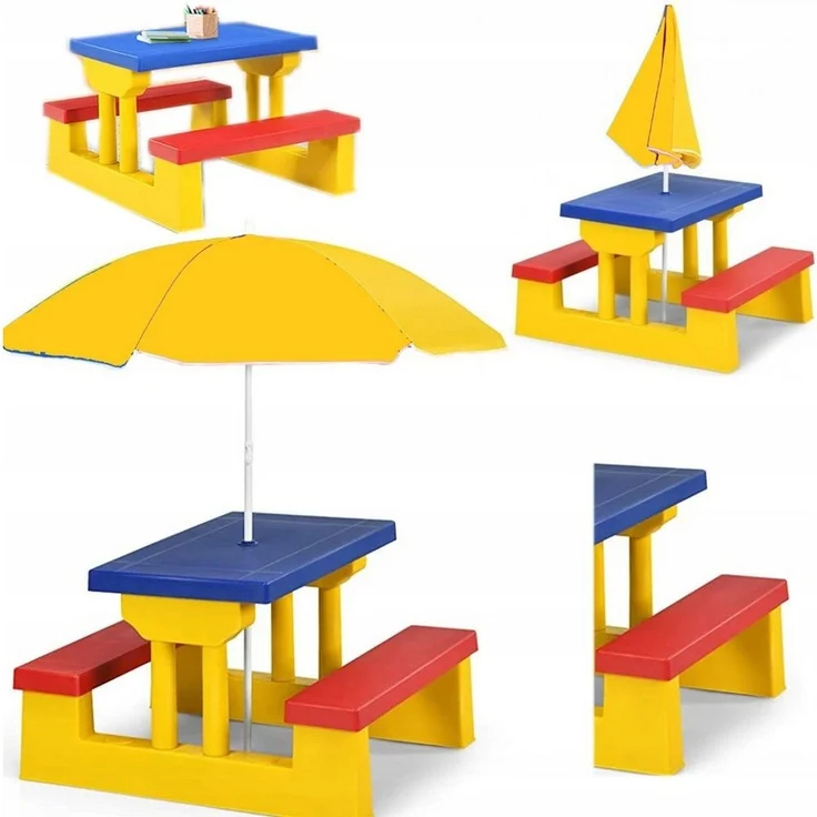 COIL Garten-Kindersitzgruppe Kinder-Picknicktisch mit Sonnenschirm 107 x 67 x 135 cm, 5 kg, (4-tlg), verschiedene Farben, Kunststoff UV-beständig, für Kinder ab 3 Jahren – Bild 1