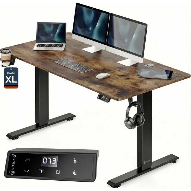 Casaria® Höhenverstellbarer Schreibtisch elektrisch 160x70 cm mit Wireless Charger & USB-C/A Anschluss LCD-Display Memory-Funktion 80 kg belastbar ergonomisch Vintage-Braun