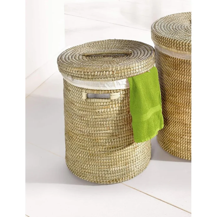 Dekoleidenschaft Wäschekorb aus Seegras mit Deckel, Wäschesammler mit Textileinlage, in 2 Größen, Wäschetonne Wäschebox Aufbewahrungskorb Wäschebehälter Laundry Basket – Bild 1