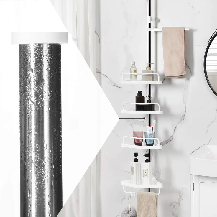 Songmics höhenverstellbares Duschregal, 95-300 cm, 4 Ablagen, 3 Haken, Weiß / Silber – Bild 5