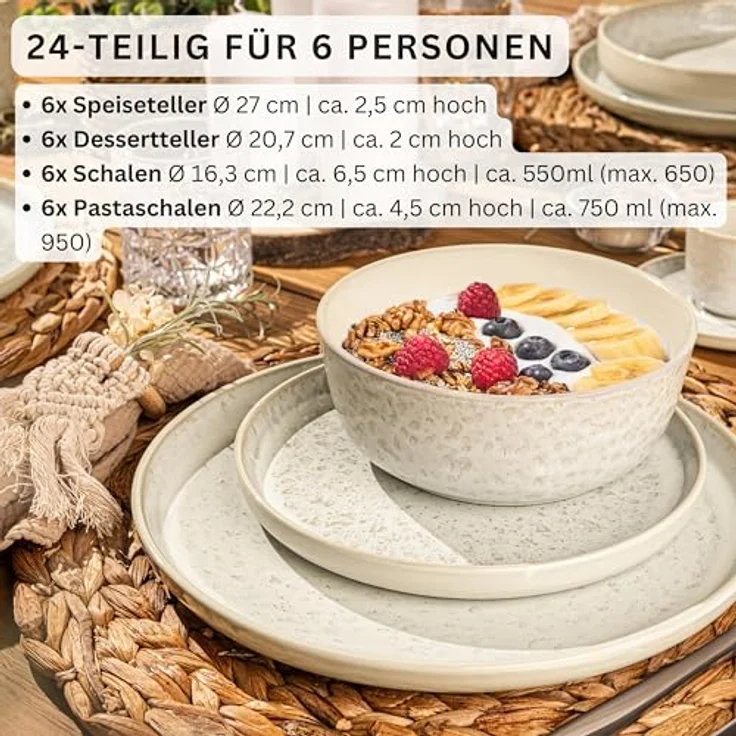 Sänger Geschirrset Key West, Tafelservice (24 Stück), creme mit sandiger Maserung, kratzfest und erweiterbar – Bild 2
