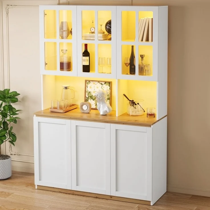 Vitrinenschrank 200x120x38 cm mit App-gesteuerter LED-Beleuchtung, Weiß-Eiche – Bild 4