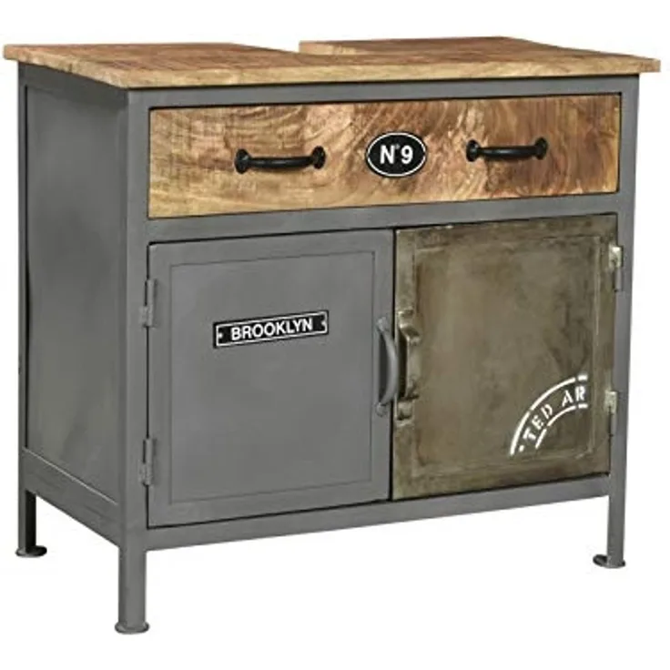 Waschbeckenunterschrank Woodkings Pinetown 71x63x35 cm Mango-Holz Metall Industrial Badschrank rustikal Badezimmerschrank