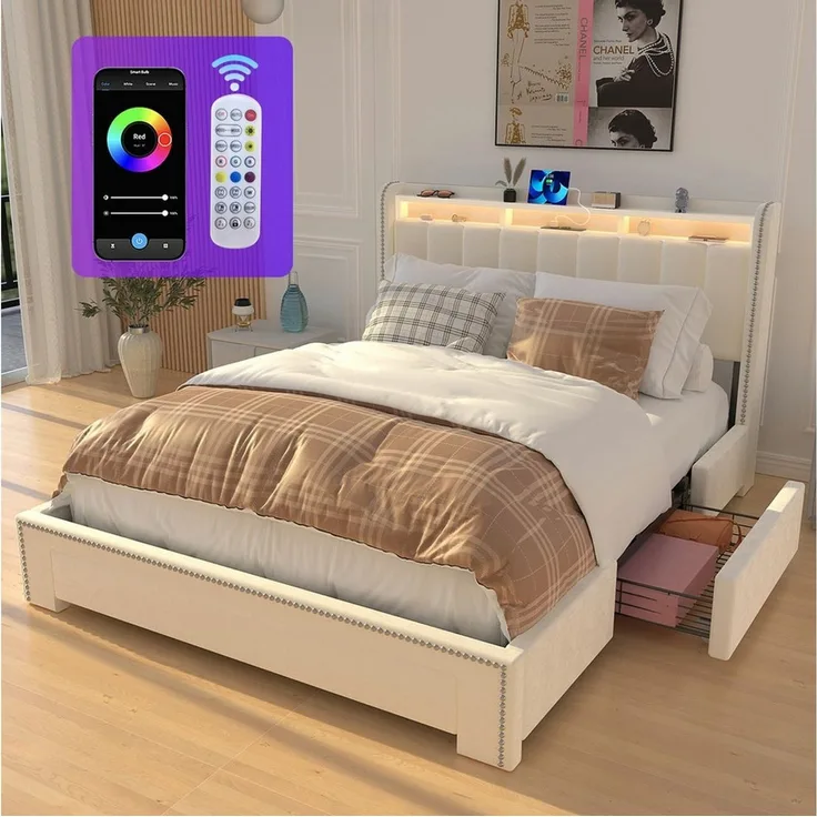 oyajia Polsterbett LED-Beleuchtung Doppelbett 160 cm x 200 cm mit Ladefunktion und 3 Schubladen (Mit Lattenrost und Ladefunktion, Samt materia Polsterbett), Funktionsbett Stauraumbetten Jugendbett Bettgestell Leises Design Bett