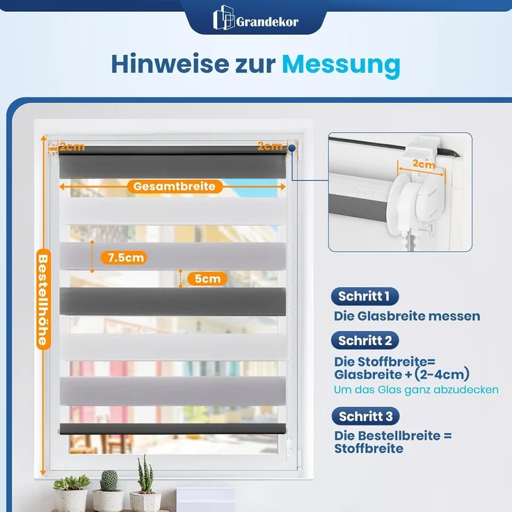 Grandekor Doppelrollo Klemmfix ohne Bohren Weiß-Grau-Anthrazit 70x150 cm(Stoffbreite 66cm) Fenster Rollos für innen Klemmrollos Duo Rollos für Fenster ohne Bohren mit Bohren Privatschutz Zebrarollo – Bild 7