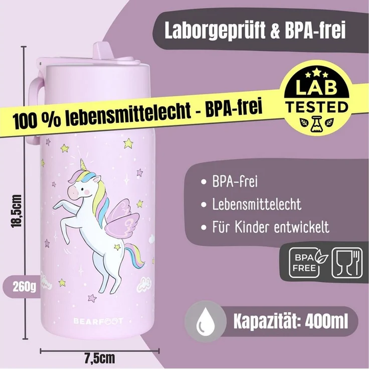 BEARFOOT Trinkflasche Thermo Kinder Trinkflasche Edelstahl - Einhorn lila, Thermosflasche, auslaufsicher, Edelstahl, Kinderflasche, BPA-frei – Bild 4