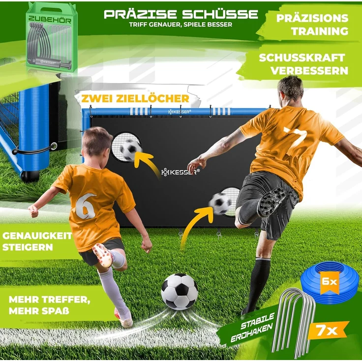 KESSER® Fußballtor für Garten, Schusstraining, UV-beständiges Netz, Stahlrahmen mit Polsterung, Erdhaken, Luftpumpe, Hüttchen, Montagezubehör, für Kinder und Erwachsene, Blau, 240 cm, mit Torwand – Bild 5