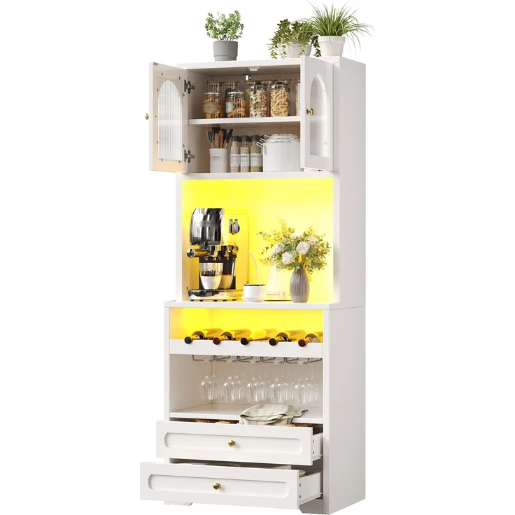 Hochschrank mit Glastüren, LED-Beleuchtung & Weinregal, 140x40x180 cm, Weiß – Bild 6