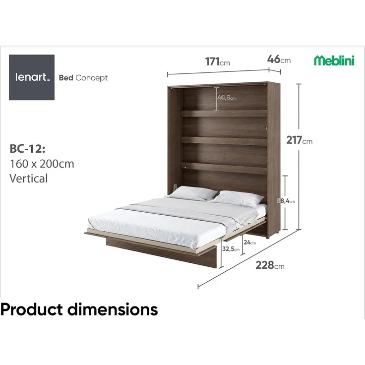 MEBLINI Schrankbett BC-12 - 160x200cm Vertikal - Dunin Eiche - Wandbett mit Lattenrost - Klappbett mit Schrank - Wandklappbett - Murphy Bed - Bettschrank – Bild 3