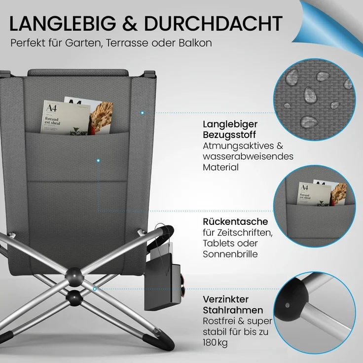 ELONEO Gartenliege Schaukelliege Outdoor mit Tasche, Strandliege klappbar bis 180 kg, Schaukelsessel, Liegestuhl wetterfest, Sonnenliege für Garten & Balkon – Bild 6