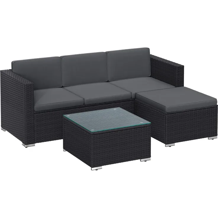 SONGMICS Gartenmöbel-Set, Balkonmöbel aus PE-Polyrattan, Terrassenmöbel, Ecksofa, Outdoor, handgeflochtenes Rattan, Lounge-Set, mit Kissen und Glastisch, schwarz-grau GGF005B04