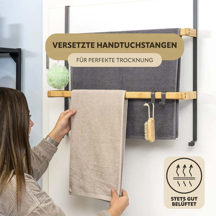 Tür-Hängeregal aus Metall und Bambus, 2 Handtuchstangen, 4 Haken, grau – Bild 3