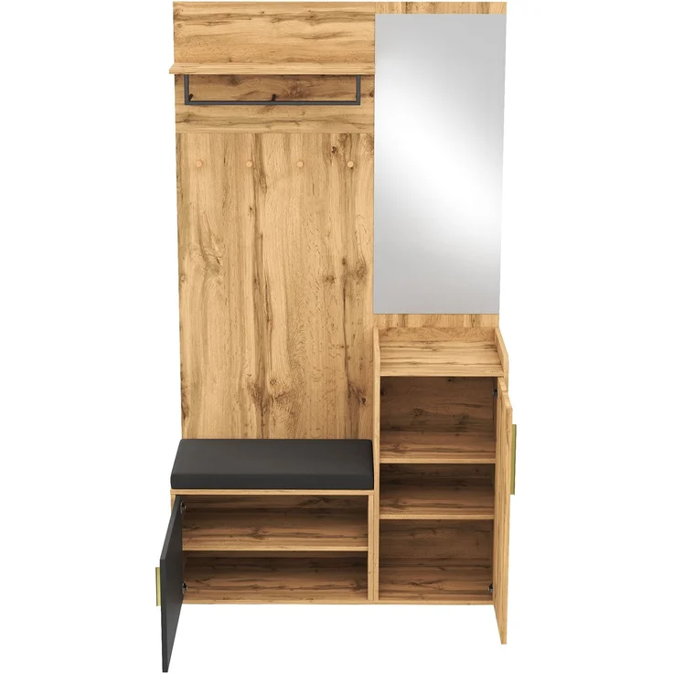 Kompakter Kleiderschrank mit Spiegel und Sitzbank, Flurschrank mit Schuhregal und Haken, kompakter Kleiderschrank, Flurmöbelset(Not a one-piece product, holes need to be drilled in the wall.) – Bild 9