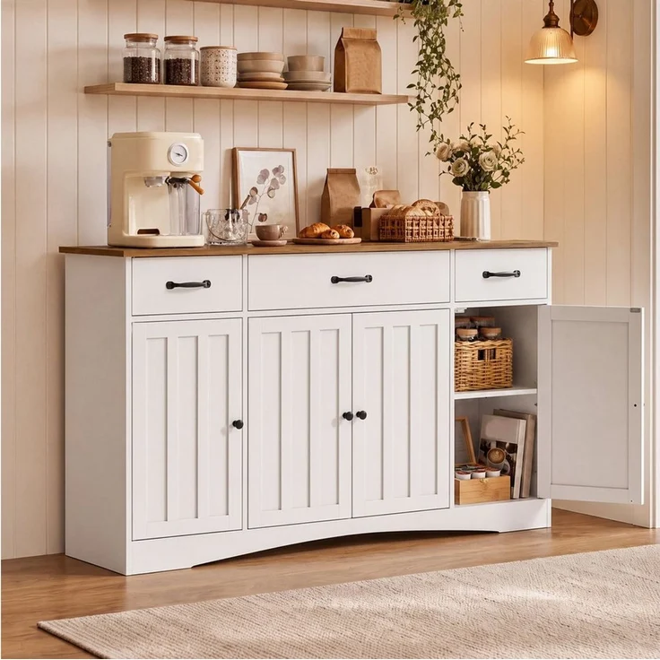 Blishom Buffet Sideboard Kommode Küchenschrank mit 4 Türen und 3 Schubladen Buffetschrank, Anrichte, verstellbare Böden, Landhaus-Design – Bild 3