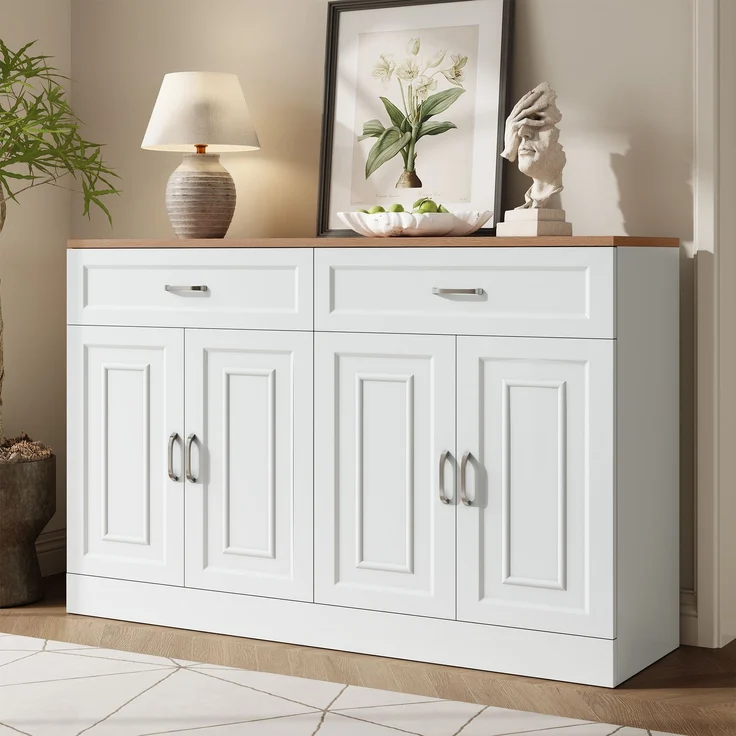 Merax Sideboard mit Regalen, Sideboard mit Rebounder, natürliche Holzmaserung, Holz und Weiß – Bild 6