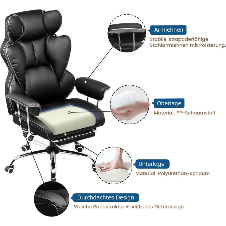 GTPLAYER Gaming Stuhl, Gamer Stuhl, Ergonomischer Bürostuhl mit Fußstütze, Kunstleder, Federsitzkissen, Gaming Chair Gepolstert, Gaming Sessel 180kg Belastbarkeit schwarz – Bild 4