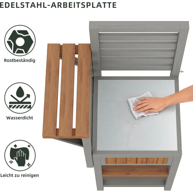 Merax Gartenschrank Holz Outdoor wetterfest – Geräteschrank mit großer Edelstahl-Arbeitsfläche & doppeltem Ablageboden, Grillstation mit zusätzlichem Stauraum, wetterbeständiger Küchenschrank – Bild 6