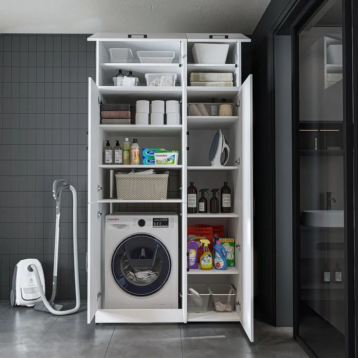Roomart Waschmaschinenschrank - DORA-II- 115 cm breit - Wasch- & Trocknerschrank mit Türen, Waschmaschinen-Überbau für Waschküche & Hauswirtschaftsraum • Weiß – Bild 5