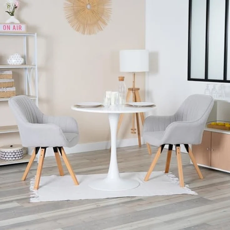 MEUBLE COSY Esstisch mit 2 Esszimmerstühle Drehbar, Essgruppen, 3er-Set, Runder Esstisch, Küchentisch mit 2 Essstühlen, Stahlgestell, für Esszimmer Küche Wohnzimmer, Weiß + Beige – Bild 1