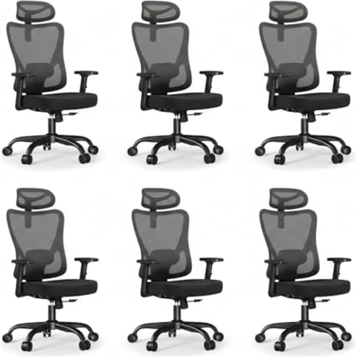 Marsail Bürostuhl Ergonomisch, Bürostuhl mit Verstellbarer gepolsterter Lendenwirbelstütze, 2D-Kopfstütze und Armlehnen, konturiertem Sitzkissen, 104°–130° arretierbarem Wippmechanismus,6pcs – Bild 1