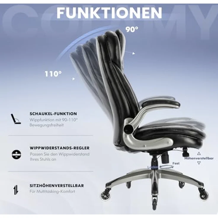 COLAMY Hochlehner Chefsessel aus Leder, Ergonomischer Bürostuhl mit Flip-up-Armlehnen & höhenverstellbar - Office Chair mit leisen Rollen für Homeoffice und Büro-Schwarz – Bild 5