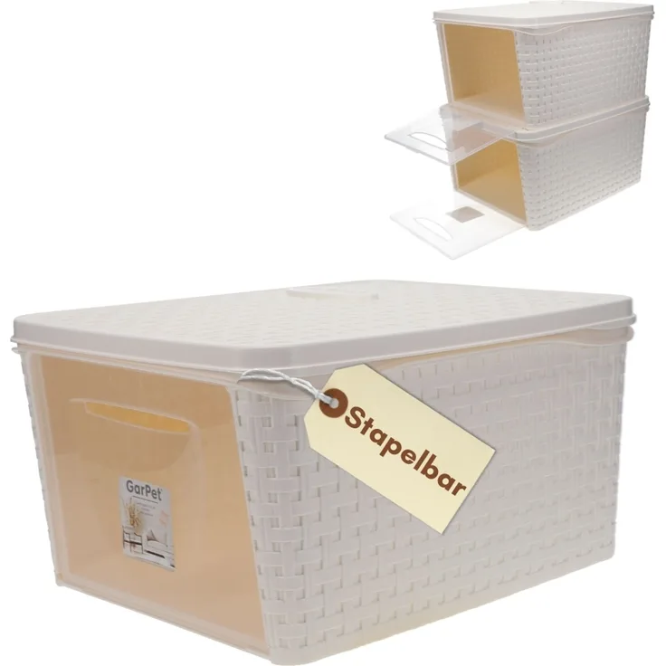 Aufbewahrungsbox mit Deckel Weiß Frontöffnung Schrank Organizer Stapelbox Kleiderschrank Korb mit Deckel Aufbewahrungskorb Aufbewahrung Badezimmer Rattan Optik