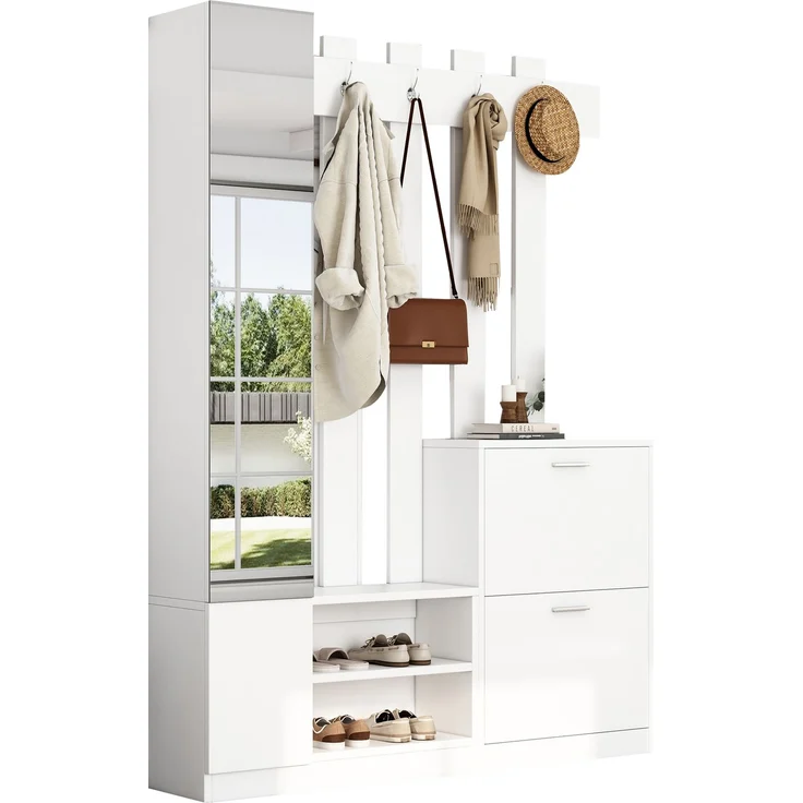 135*25*180cm Garderoben-Set mit Spiegel, Flurschrank, Hängeschrankregal, Kompaktgarderobe, Mit 2 unteren Klapptüren-Schuhschränken + 2 Aufbewahrungsschränke, Geeignet für Türöffnungen, Flure,Weiß – Bild 7