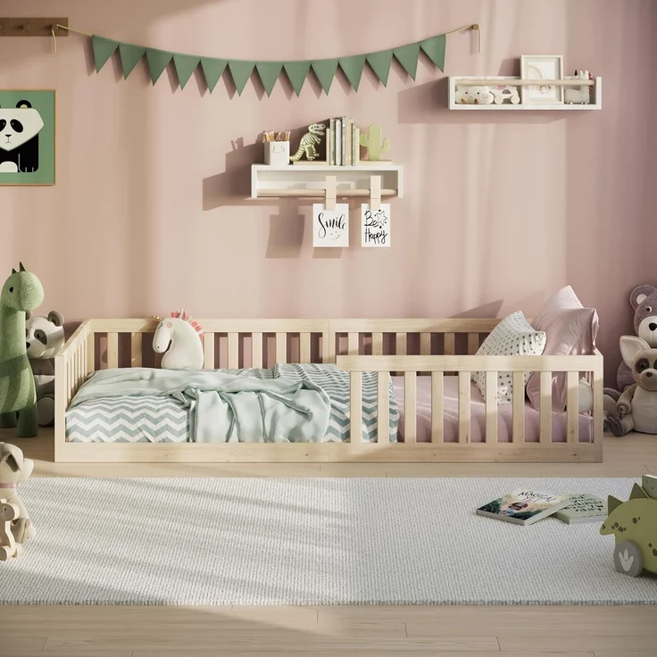Kids Collective Kinderbett Bodenbett Bett mit Rausfallschutz & Lattenrost Montessori Bett Kinder (weitere Größen, 120x200, 140x200 cm), Jugendbett Einzelbett optional mit Matratze, natur Kiefer 90x200 cm – Bild 4