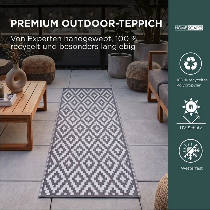 Homescapes Outdoorteppich Outdoor Teppich-Läufer Zoe 75 x 200 cm – grau-weiß, geometrisch, rechteckig, Höhe: 20 mm – Bild 2