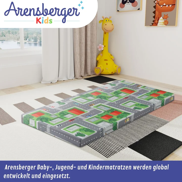 Arensberger Kinderreisebett Matratze 60x120 cm – faltbare Baby- & Kindermatratze mit Stadtmotiv, Nanocell Gelschaum, abnehmbarer Bezug & Tragetasche – Bild 6