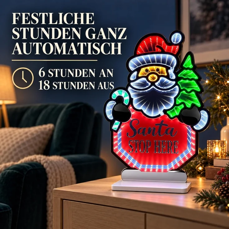 LED Infinity Spiegel Santa Stop Here 40,5 cm, Weihnachtsmann mit Timer – Bild 6